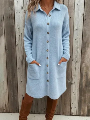 Women Knitted Sweater Dress Solid Color Polo Collar Long Sleeve Button Pocket Midi Dress Casual Autumn Winter Jumper Dress