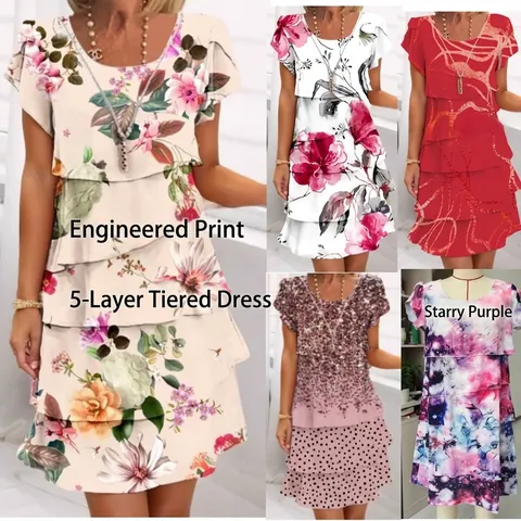 Women Short Sleeve Round Neck Tiered Cake Dress 3D Positioned Floral Print Elegant Midi Dress Casual Beach Holiday Dress