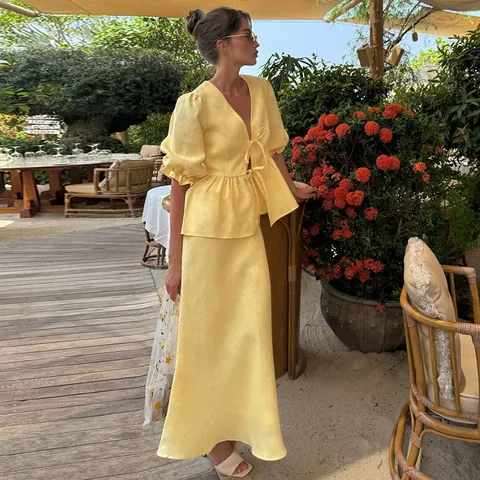 Women Top And Bottom Skirt Set Summer Fashion V-Neck Puff Sleeve Tie-Up Shirt And High Waist Long Skirt Holiday Casual Outfit