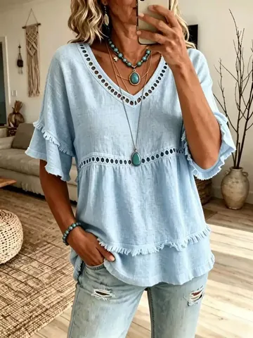 Polyester Böhmisch Hohl Aus V-Ausschnitt Top Mit Quastenrüschen Für Damen Casual Kurzarm Einfarbig Sommer Strand Loose Fit T-Shirt