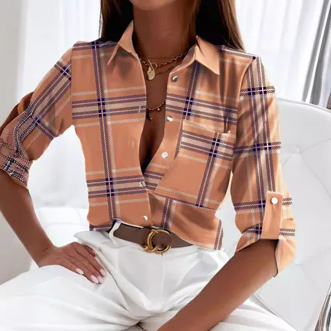Camicetta da Donna a Maniche Lunghe con Stampa Elegante Scollo a V Camicia in Poliestere Casual Ufficio Top Moda