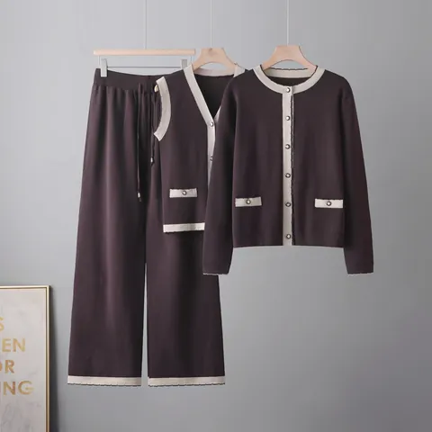 Tenue Décontractée Élégante pour Femmes Style Petit Parfum Cardigan Gilet Et Pantalon en Tricot avec Bordure Contrastée
