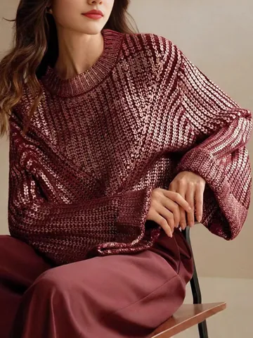 Damen Lockerer Metallik-Strickpullover Rundhals Glockenärmel Eleganter Pailletten Schimmer Top Für Herbst Winter Kleidung