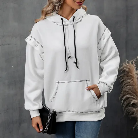 Women Oversized Polyester Hoodie Contrast Stitching Grommet Detail Raglan Sleeve Drawstring Pullover Casual Autumn Winter Sweatshirt Top