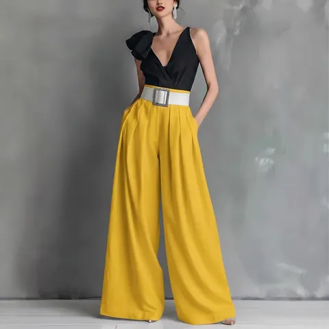 Women High Waisted Wide Leg Pants Elegant Solid Color Polyester Trousers With Belt Office Lady Work Casual Long Bottom