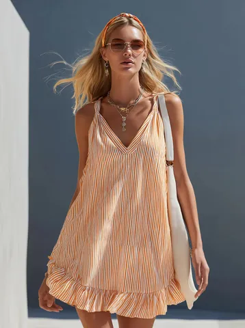 Damen Sommer V-Ausschnitt Gestreiftes Rüschen Minikleid Ärmellos Cami A-Linie Urlaub Strandkleid Polyester Kleidung