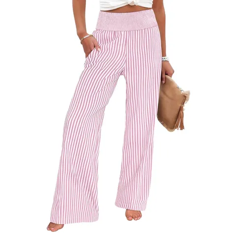 Women High Waisted Smocked Striped Casual Pants Summer Wide Leg Straight Trousers Loose Fit Polyester Bottom For Women