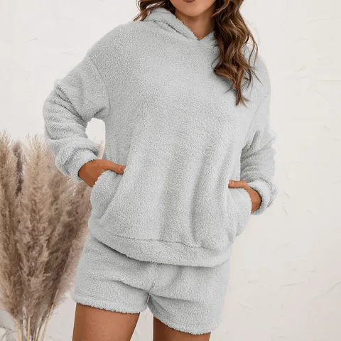 Women Top And Bottom Fleece Hooded Sweatshirt And Shorts Casual Loungewear Thick Double Sided Plush Pajamas Home Suit