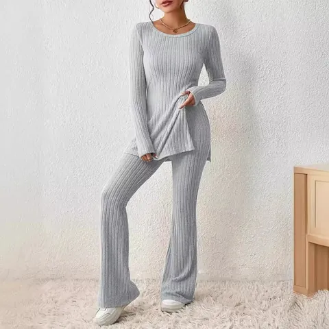 Women Slim Fit Knit Ribbed Set Solid Color Round Neck Side Split Top And Bottom Flare Pants Casual Fashion Loungewear Set