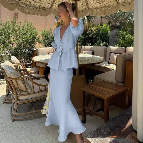 Women Top And Bottom Skirt Set Summer Fashion V-Neck Puff Sleeve Tie-Up Shirt And High Waist Long Skirt Holiday Casual Outfit