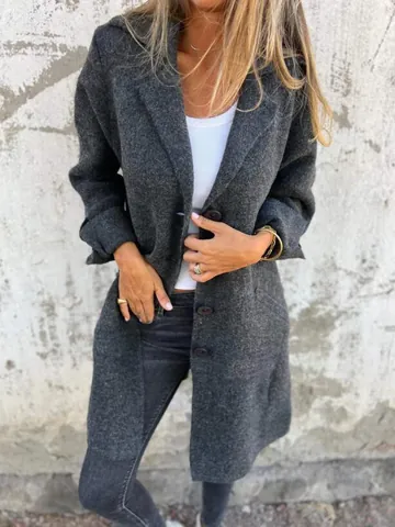 Women Mid-Length Cardigan Coat Solid Color Lapel Single-Breasted Outerwear With Pockets Polyester Knitted Top