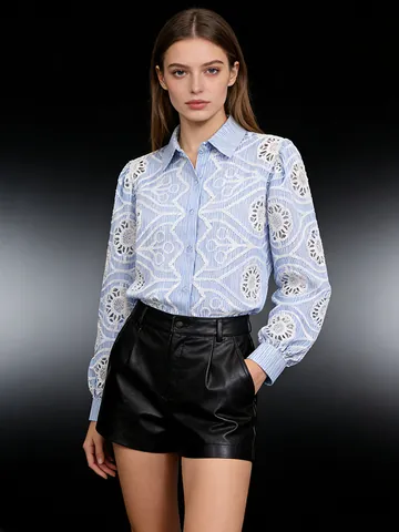 Women Casual Long Sleeve Blouse Embroidered Hollow-Out Shirt Blue White Striped Turn-Down Collar Button-Up Top Spring Elegant