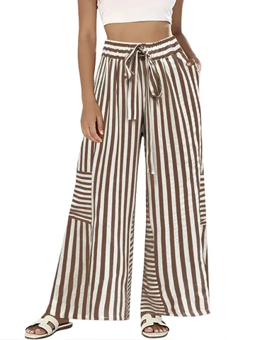 Women High Waist Vertical Striped Wide Leg Pants Casual Loose Trousers With Tie Belt Summer Beach Vacation Polyester Pants