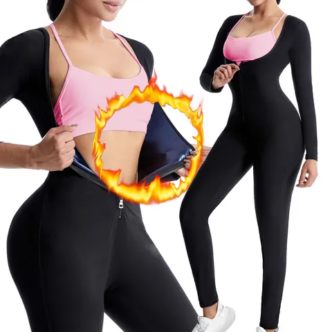Combinaison de Sauna pour Femmes Modelage Complet Jumpsuit Manches Longues Fitness Workout Bodysuit Avec Fermeture Éclair Avant Polyester