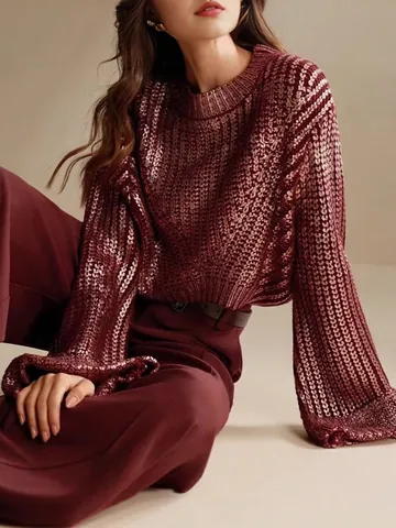 Damen Lockerer Metallik-Strickpullover Rundhals Glockenärmel Eleganter Pailletten Schimmer Top Für Herbst Winter Kleidung