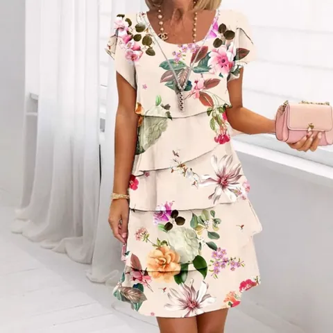 Women Short Sleeve Round Neck Tiered Cake Dress 3D Positioned Floral Print Elegant Midi Dress Casual Beach Holiday Dress