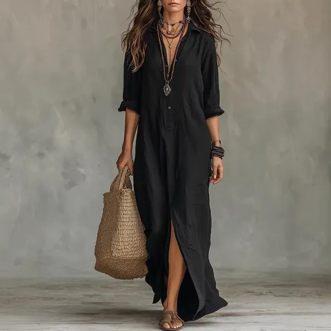 Women Casual Solid Color Lapel Front Slit Maxi Dress Bohemian Summer Short Sleeve Shirt Dress Vacation Long Robe Dress