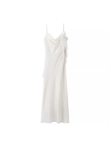 Women Elegant White Satin Maxi Dress Backless Cowl Neck Spaghetti Strap Ruffle Party Evening Long Polyester Satin Dress