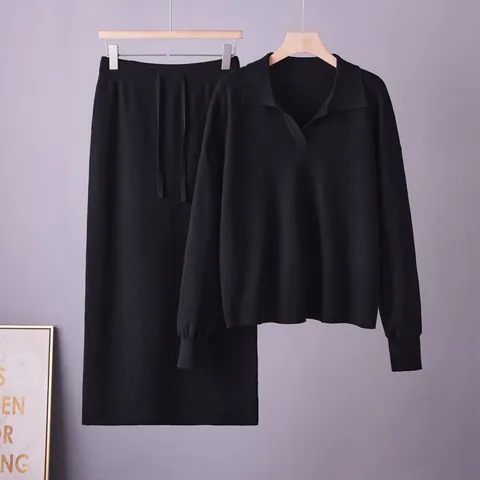 Women Knit 2 Piece Set Polo Collar Sweater And Midi Skirt Top And Bottom Long Sleeve Loose Casual Solid Color Outfits