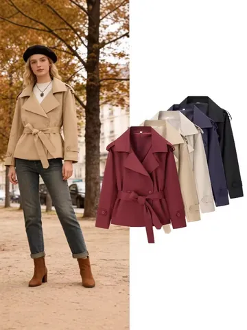 Women Fashion Slim Short Trench Coat Jacket With Belt Turn-down Collar Double Breasted Outwear Top Casual Office Lady Polyester Windbreaker