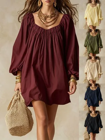 Damen Bohemian Lockerer Schnitt Laternenärmel Minikleid Casual Sommer Einfarbig Eckiger Ausschnitt Gerafftes Urlaubskleid