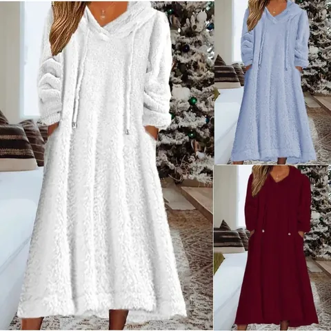 Women Casual Fleece Hooded Maxi Dress Long Sleeve Loose Fit Loungewear With Pockets Soft Polyester Warm Winter Home Dress