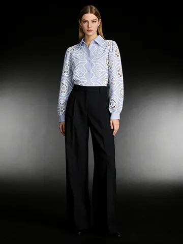 Women Casual Long Sleeve Blouse Embroidered Hollow-Out Shirt Blue White Striped Turn-Down Collar Button-Up Top Spring Elegant