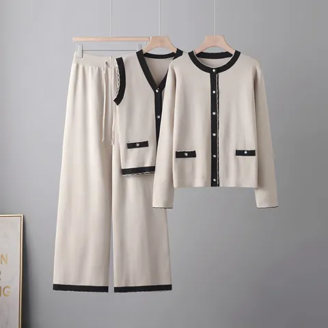 Tenue Décontractée Élégante pour Femmes Style Petit Parfum Cardigan Gilet Et Pantalon en Tricot avec Bordure Contrastée