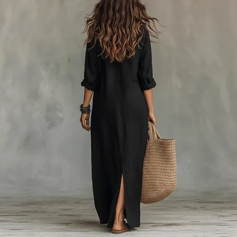 Women Casual Solid Color Lapel Front Slit Maxi Dress Bohemian Summer Short Sleeve Shirt Dress Vacation Long Robe Dress