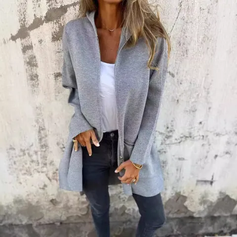 Women Fashion Hooded Jacket Polyester Solid Color Mid-Length Zipper Coat Casual Long Sleeve Autumn Winter Outerwear Top