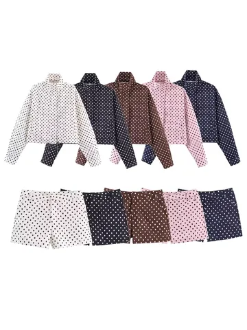 Conjunto de Chaqueta y Pantalones Cortos de Lunares para Mujer Estilo Europeo Cordón Cuello Alzado Manga Larga Casual Top