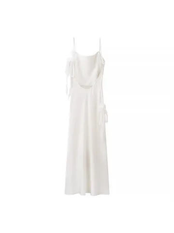 Women Elegant White Satin Maxi Dress Backless Cowl Neck Spaghetti Strap Ruffle Party Evening Long Polyester Satin Dress