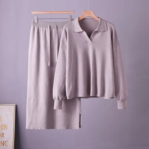 Women Knit 2 Piece Set Polo Collar Sweater And Midi Skirt Top And Bottom Long Sleeve Loose Casual Solid Color Outfits
