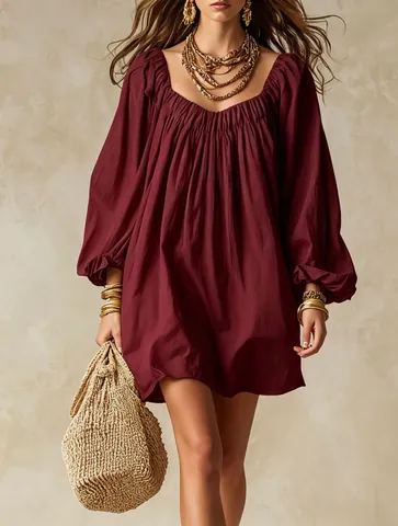 Damen Bohemian Lockerer Schnitt Laternenärmel Minikleid Casual Sommer Einfarbig Eckiger Ausschnitt Gerafftes Urlaubskleid