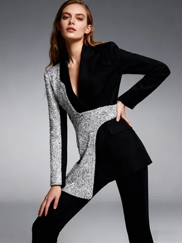 Women Elegant Elegant Patchwork Blazer Jacket Asymmetrical Designer Sequin Polyester Commuter Top For Autumn Office Lady