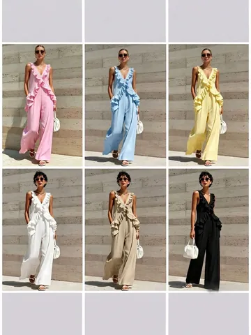 Tuta da Donna con Scollo a V Senza Maniche con Volant Elegante Tinta Unita Gamba Larga Poliestere Casual Vacanza Outfit Pezzo Unico