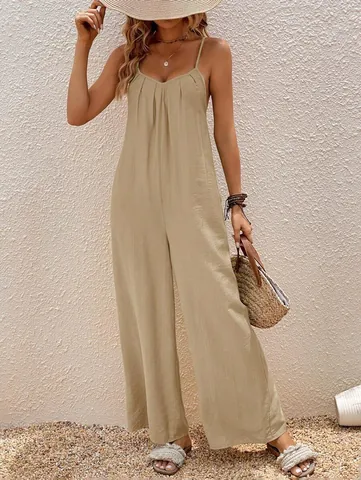 Mono de Estilo de Vacaciones para Mujer Cuello en V Sin Mangas Pierna Ancha Pantalón Largo Casual Poliéster Mono QZ8845