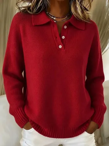 Dames Oversized Polo Kraag Gebreide Trui Lange Mouw Knoop Voorzijde Casual Zacht Warm Pullover Top Effen Kleur Basic