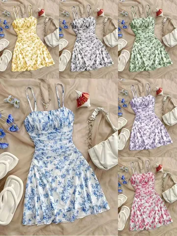 French Floral Spaghetti Strap Dress For Women Summer Beach Vacation Ruched A-Line Mini Dress Slim Fit Backless Sundress