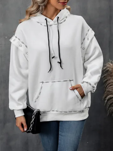 Women Oversized Polyester Hoodie Contrast Stitching Grommet Detail Raglan Sleeve Drawstring Pullover Casual Autumn Winter Sweatshirt Top