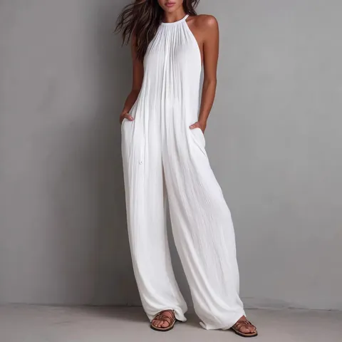 Mono de Mujer Estilo Resort Europeo Americano Plisado Halter Espalda al Aire Perna Ancha Sin Mangas Color Sólido de Una Pieza Romper de Playa