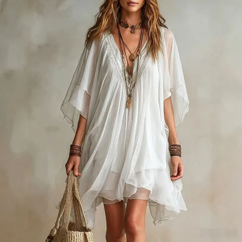 Women V-Neck Chiffon Dress Summer Bohemian Vacation Beach Cover-Up Loose Ruffled Butterfly Sleeve Polyester Mini Dress