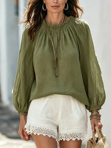 Damen Laternenärmel Einfarbig Rundhals Pullover Bluse Lässig Locker Polyester Top Resort Stil Langarm Mode Hemd