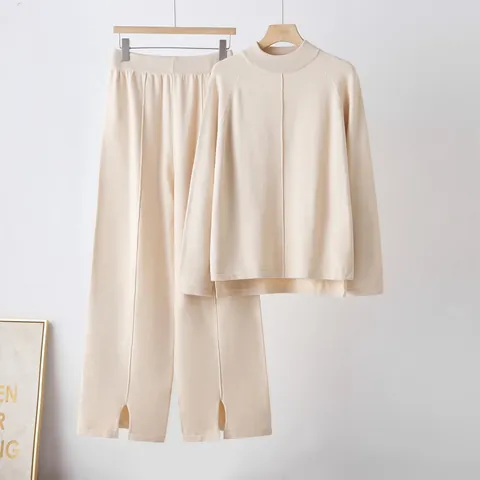 Women's Knit Pullover Sweater And Slit Wide-Leg Pants Set Casual Solid Color Long Sleeve Outfit Top And Bottom