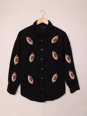 Damen Vintage Cord Hemd Jacke Top Locker Pailletten Rugby Muster Schwarz Einreihig Herbst Winter Mantel Streetwear Bekleidung