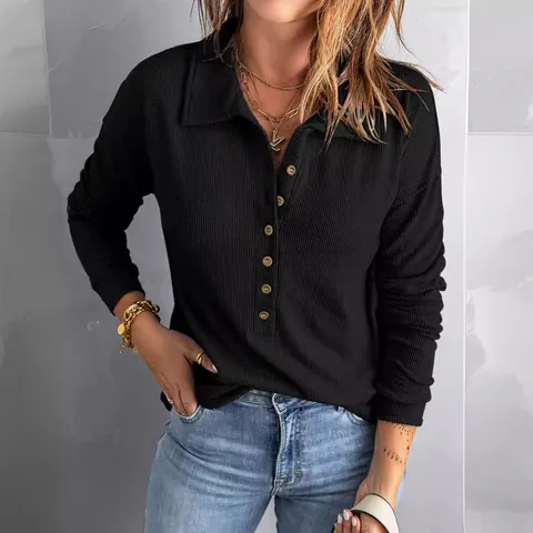 Dames Ribgebreide Poloshirt met Lange Mouwen Revers Single-Breasted Los Casual Effen Kleur Polyester Top Herfst Winter