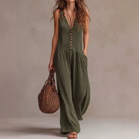 Damen Boho V-Ausschnitt Jumpsuit Ärmellos Weites Bein Romper Polyester Faltenstruktur Knöpfe Casual Locker Mode Einteiler
