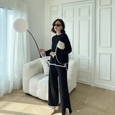 Women's Casual Contrast Trim Knit Top And Wide Leg Pants Top And Bottom Set Contrast Slit Long Sleeve Pullover Outfit