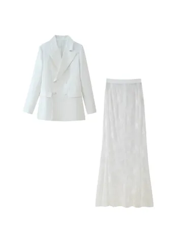 Elegant Women Top And Bottom Blazer And Lace Skirt Co-ord Set Double Breasted Slim Fit Jacket And Floral Long Skirt Suit