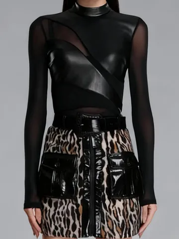 Top da Donna Sexy in Mesh Patchwork a Manica Lunga Vestibilità Aderente T-shirt Trasparente in Poliestere per Feste
